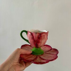Floral Pink and Green Teacup and Saucer Set